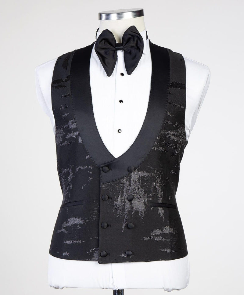 Black Patterns Peaked Lapel Three Pieces Wedding Men Suit 2