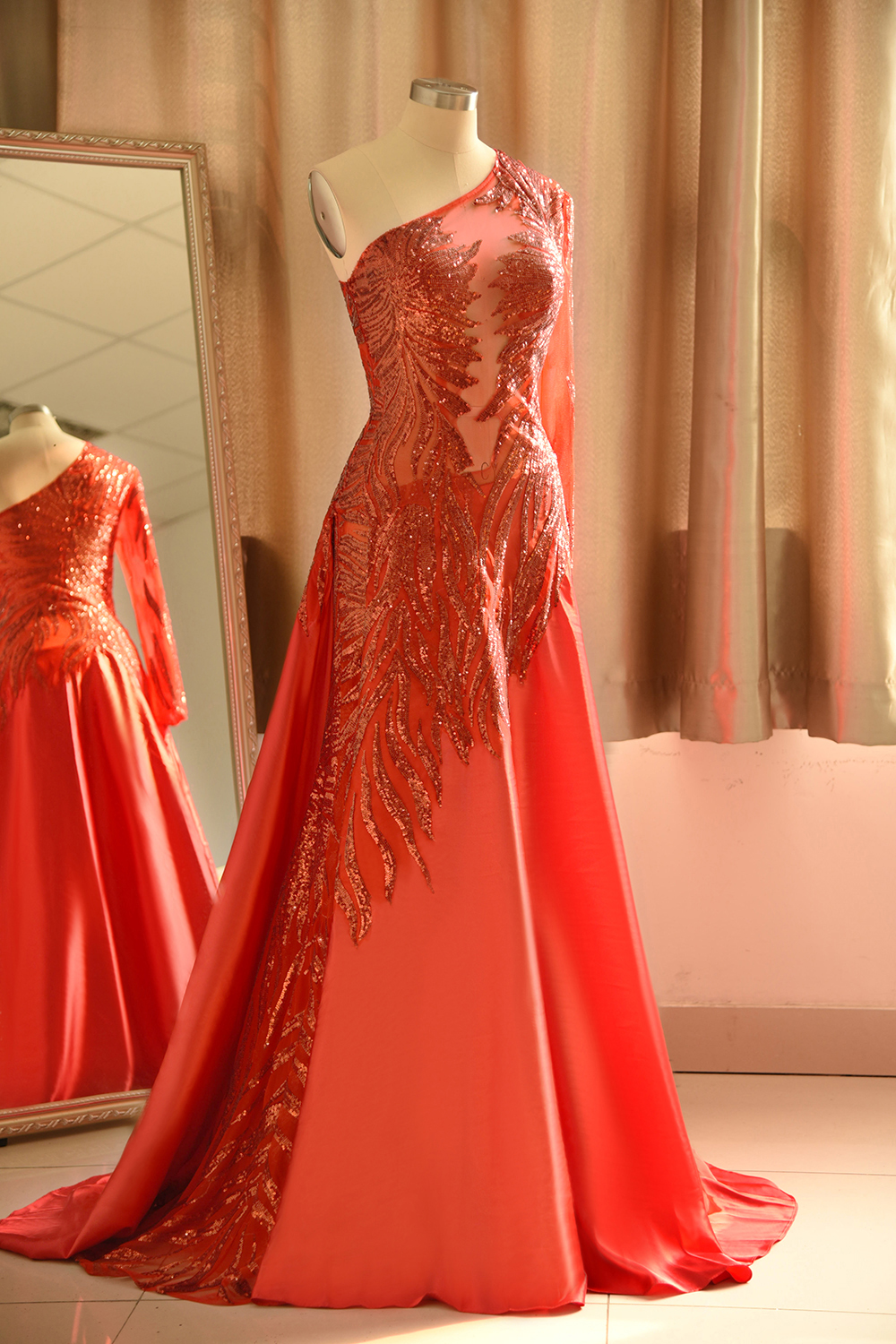 A-line One Shoulder Long Sleeves Floor-length Elastic Silk-like Satin Formal Wear With Sequins 3