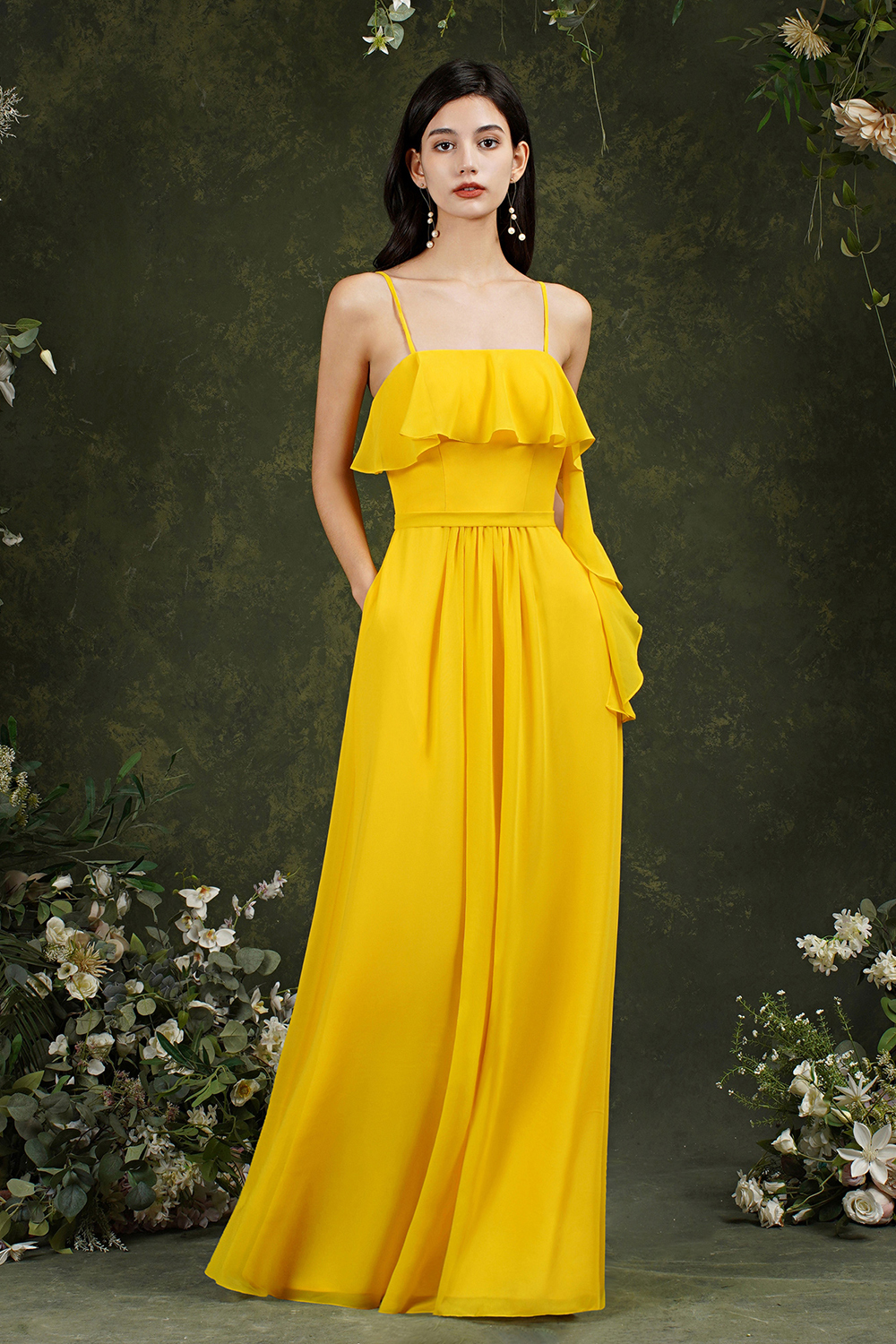 A-line Spaghetti Straps Sleeveless Floor-length 100D Chiffon Bridesmaid Dress With Pockets 4