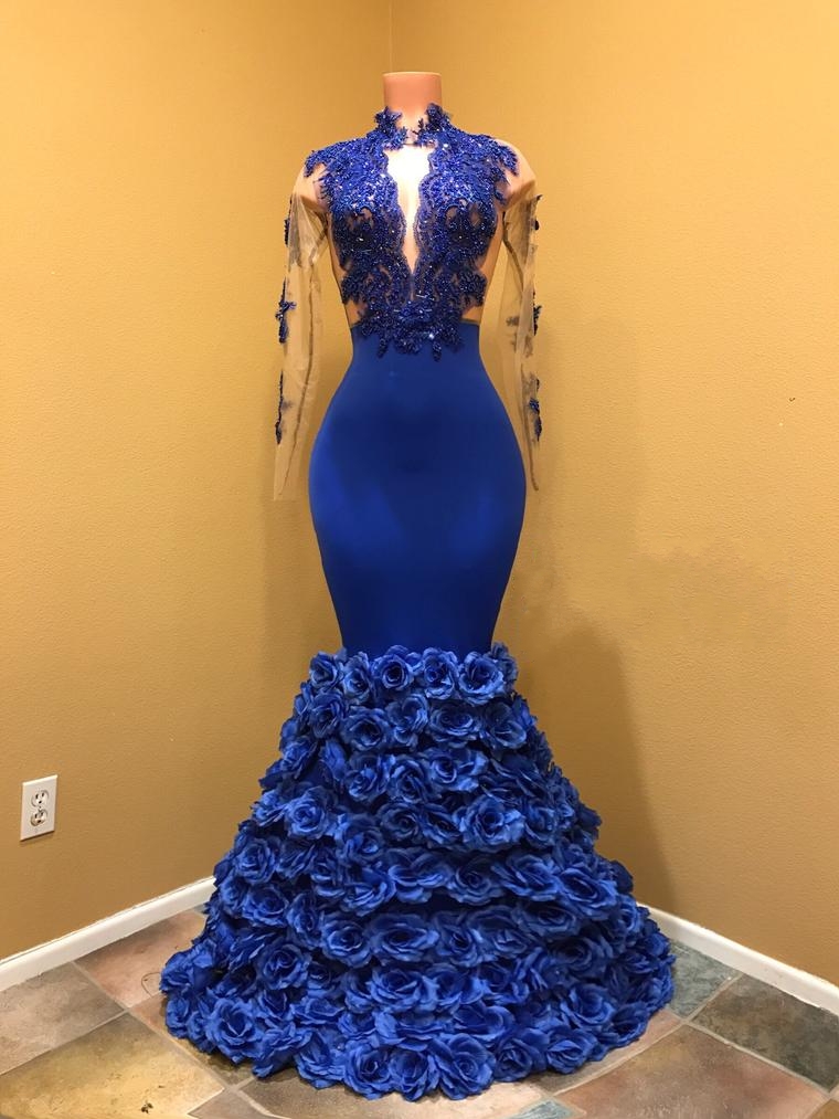 Mermaid High Neck Long Sleeves Court Train Evening Gown With Flower(s) 3