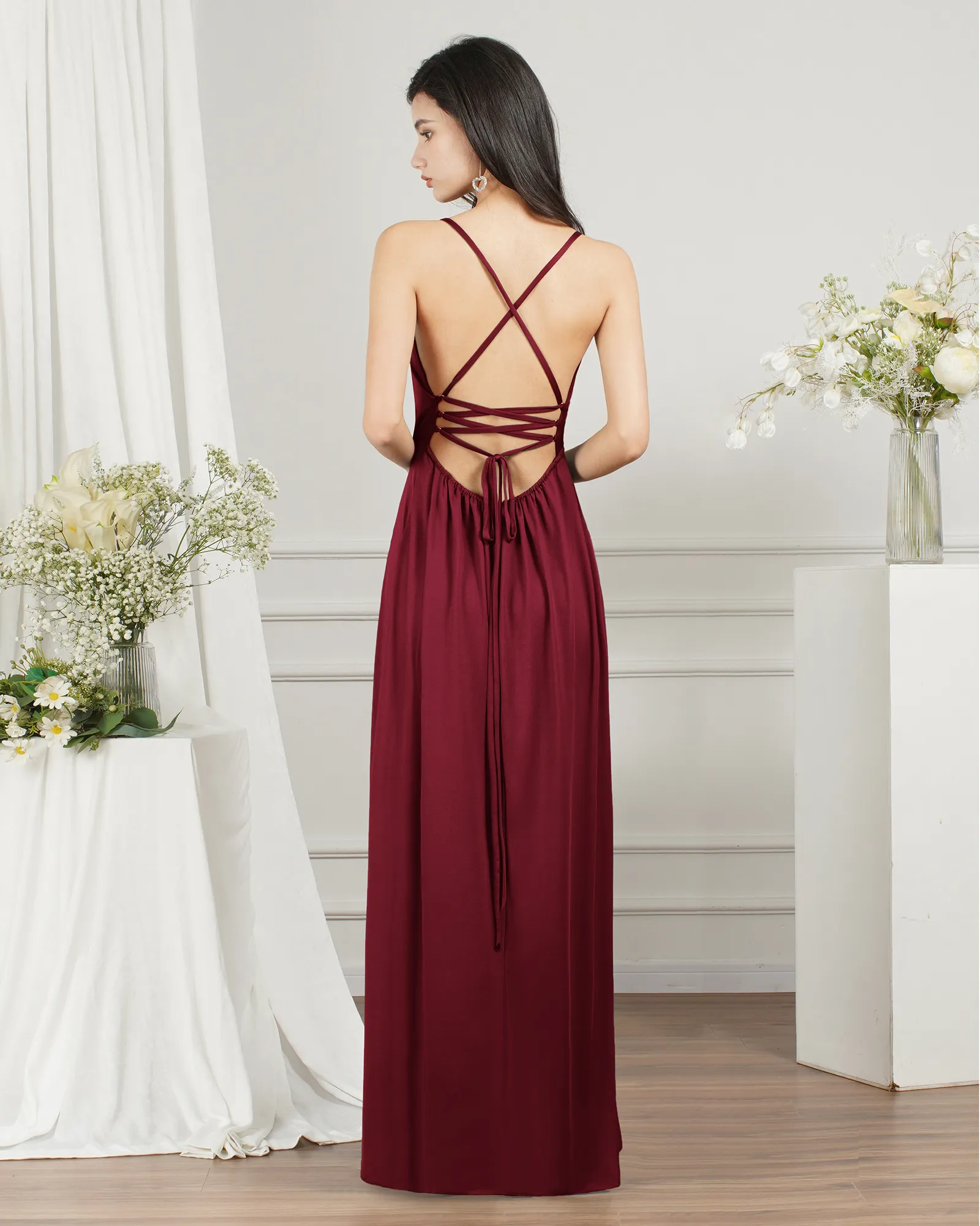 Plunging V-Neck Backless Silky Satin Evening Dress with High Split 15