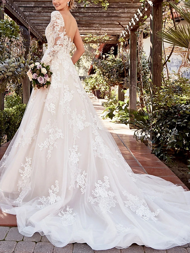 A-line One Shoulder Long Sleeves Court Train Lace Wedding Dress With Buttons 3
