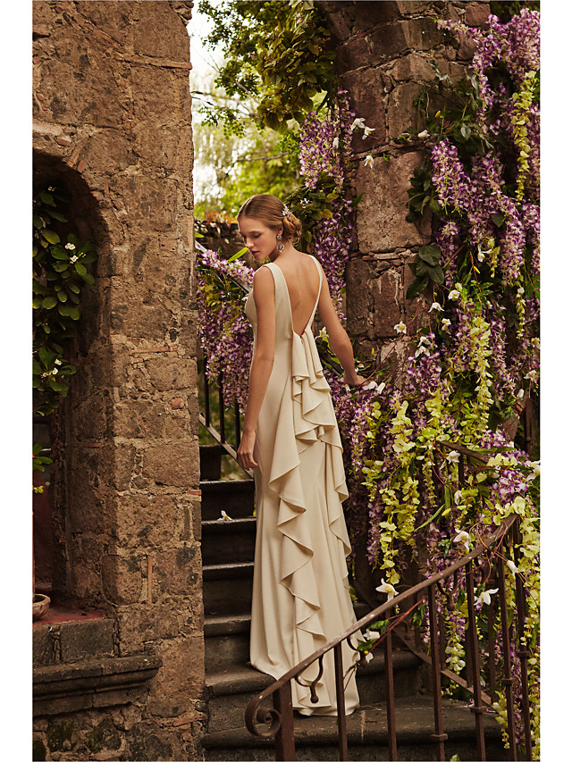 Column Straps Sleeveless Sweep / Brush Train Tulle Wedding Gown With Cascading Ruffle 4