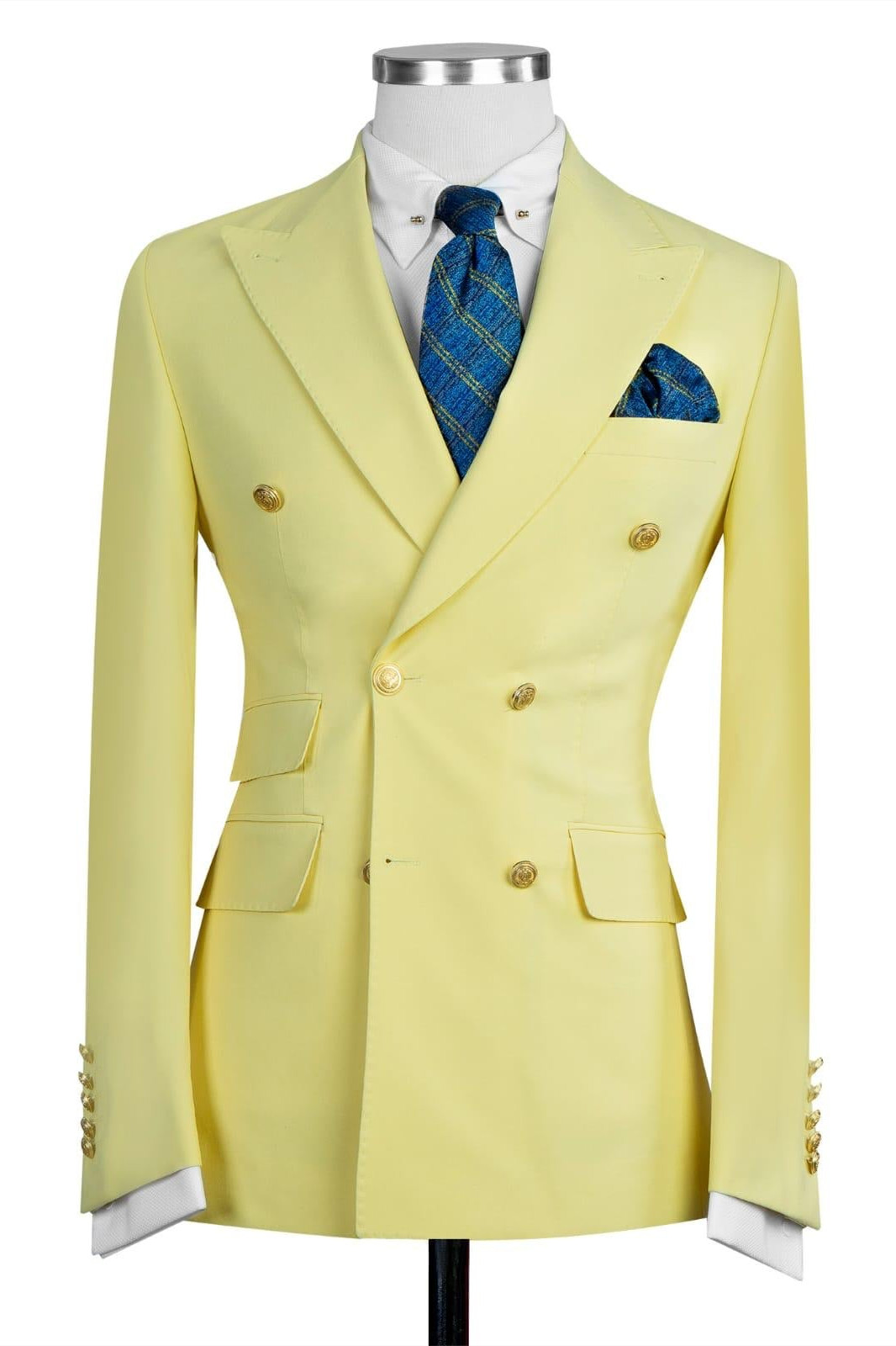 Yellow Double Breasted Men Suit with Peaked Lapel 1