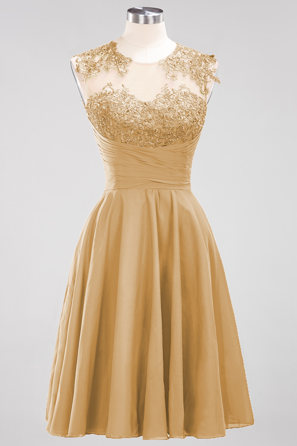 A-line Jewel Neck Sleeveless Knee-length 100D Chiffon Bridesmaid Dress With Appliques 15