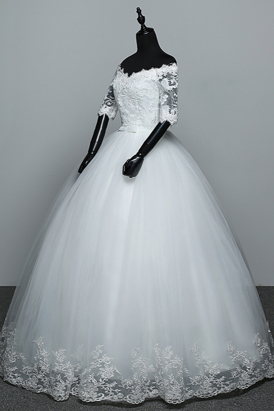 A-line Half-Sleeves Floor-length Tulle Bridal Gown With Lace 4
