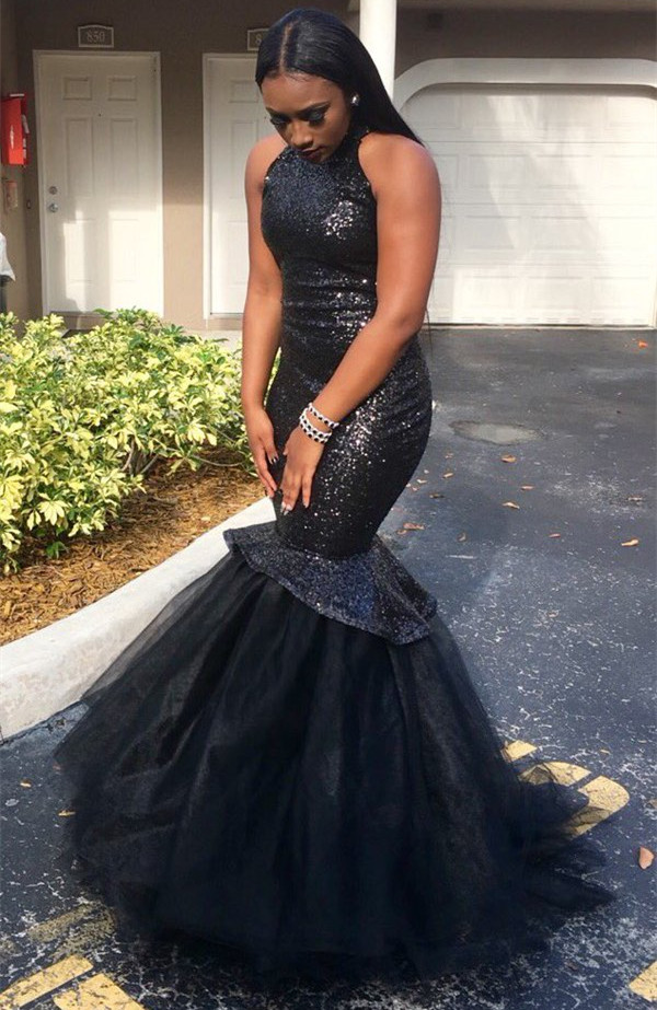 Mermaid High Neck Sleeveless Sweep / Brush Train Tulle Evening Dress With Sequins 2