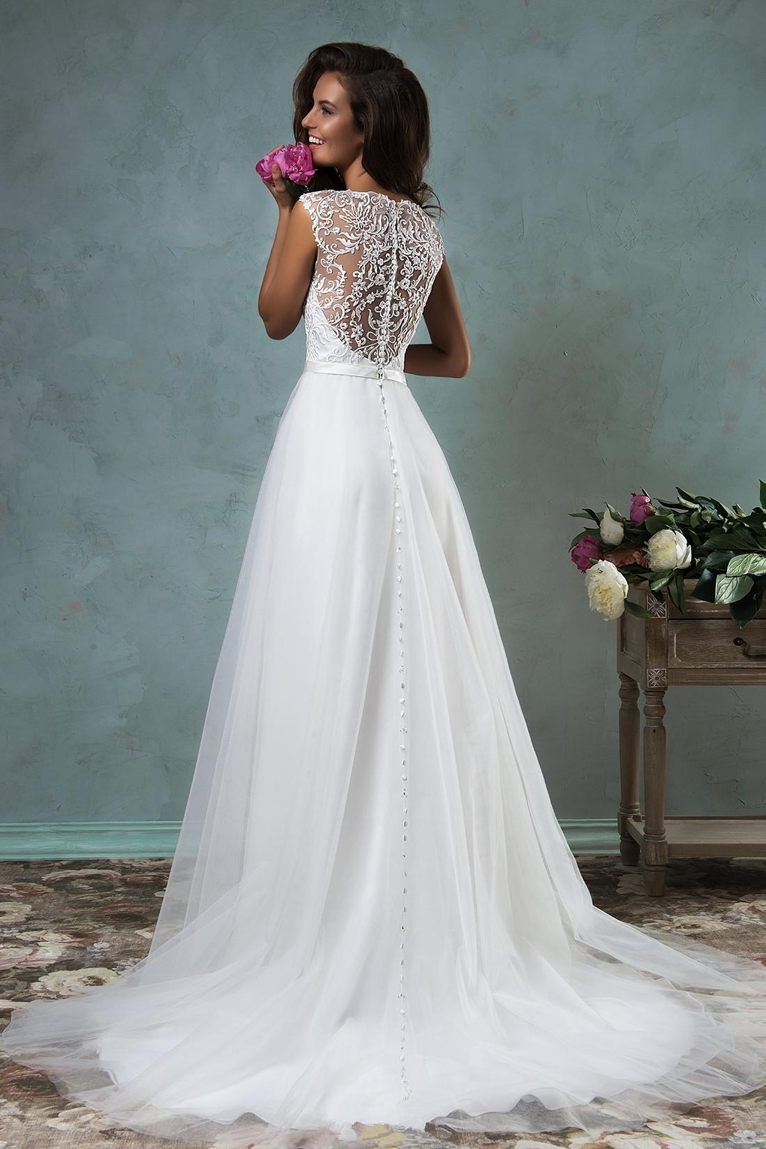 A-line V-neck Sleeveless Sweep / Brush Train Bridal Attire With Lace 3