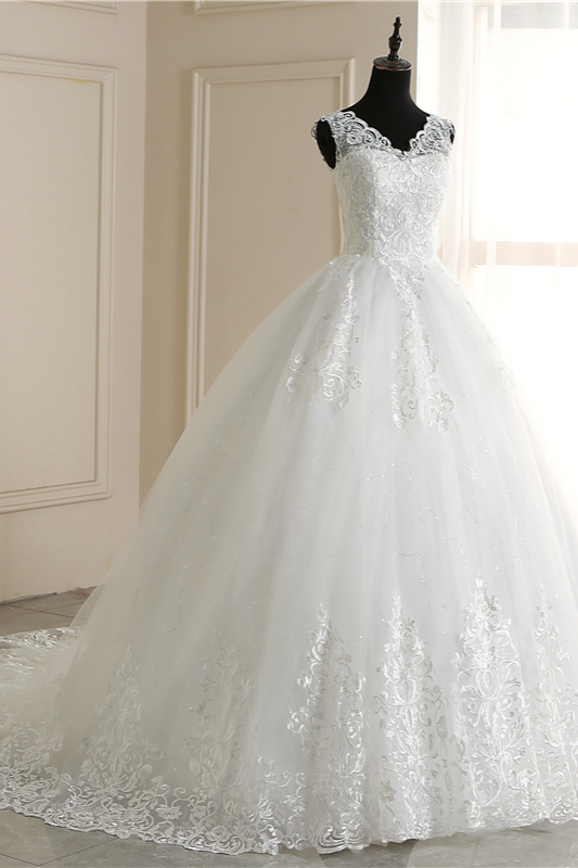 A-line V-neck Sleeveless Floor-length Tulle Bridal Attire With Lace 3