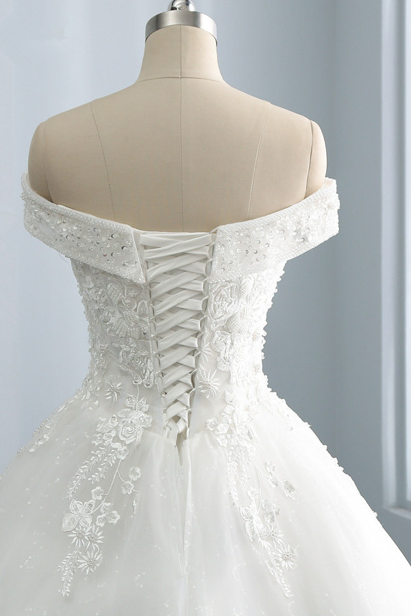 A-line Off-the-shoulder Sweetheart Neck Sleeveless Floor-length Tulle Bridal Dress With Sequins 4