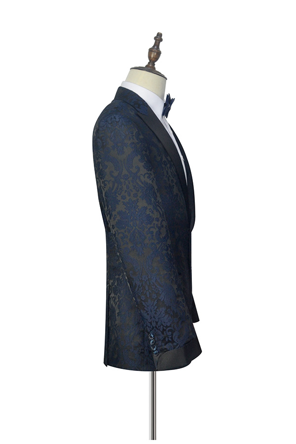 Dark Navy Prom Suits for Men with Black Silk Peak Lapel 2