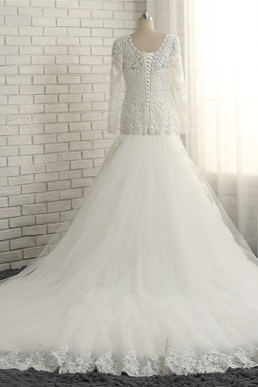 Mermaid V-neck Long Sleeves Floor-length Tulle Bridal Attire With Appliques 2