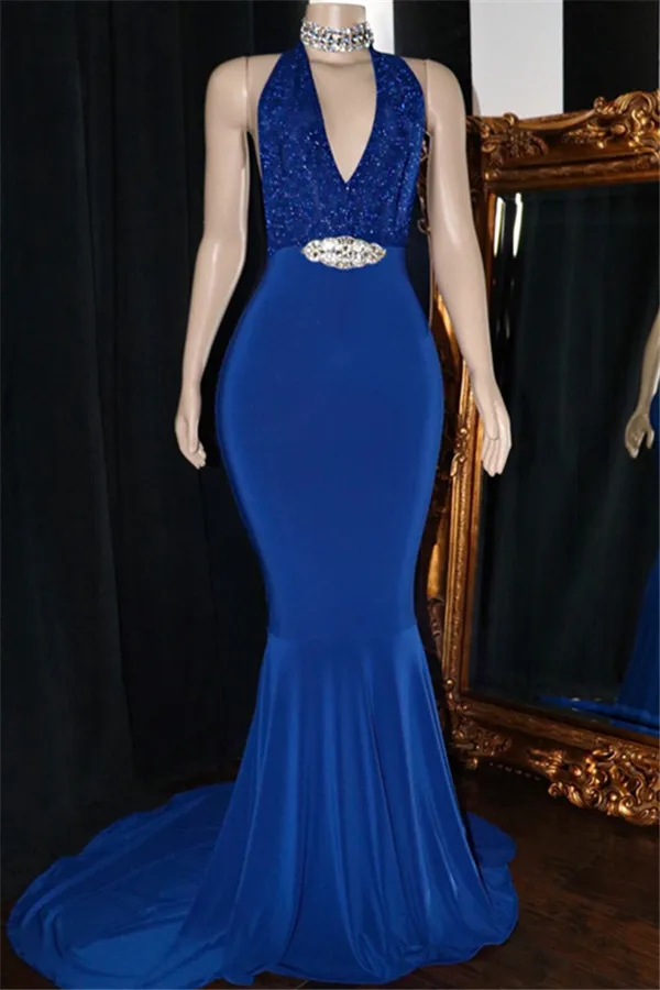 Mermaid V-neck Sleeveless Sweep / Brush Train Evening Gown With Sequins 1