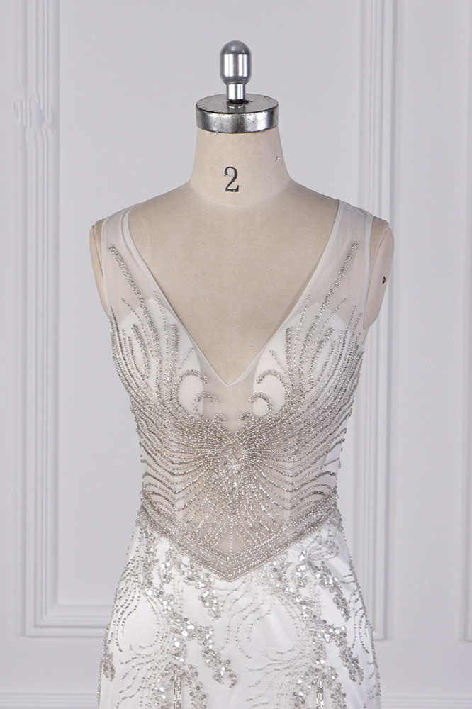 Column V-neck Sleeveless Floor-length Tulle Bridal Attire With Beading 4