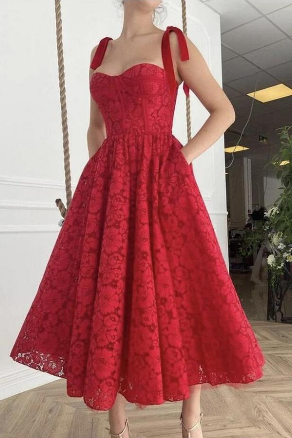 A-line Spaghetti Straps Sleeveless Tea-length Lace Party Dress With Lace 1