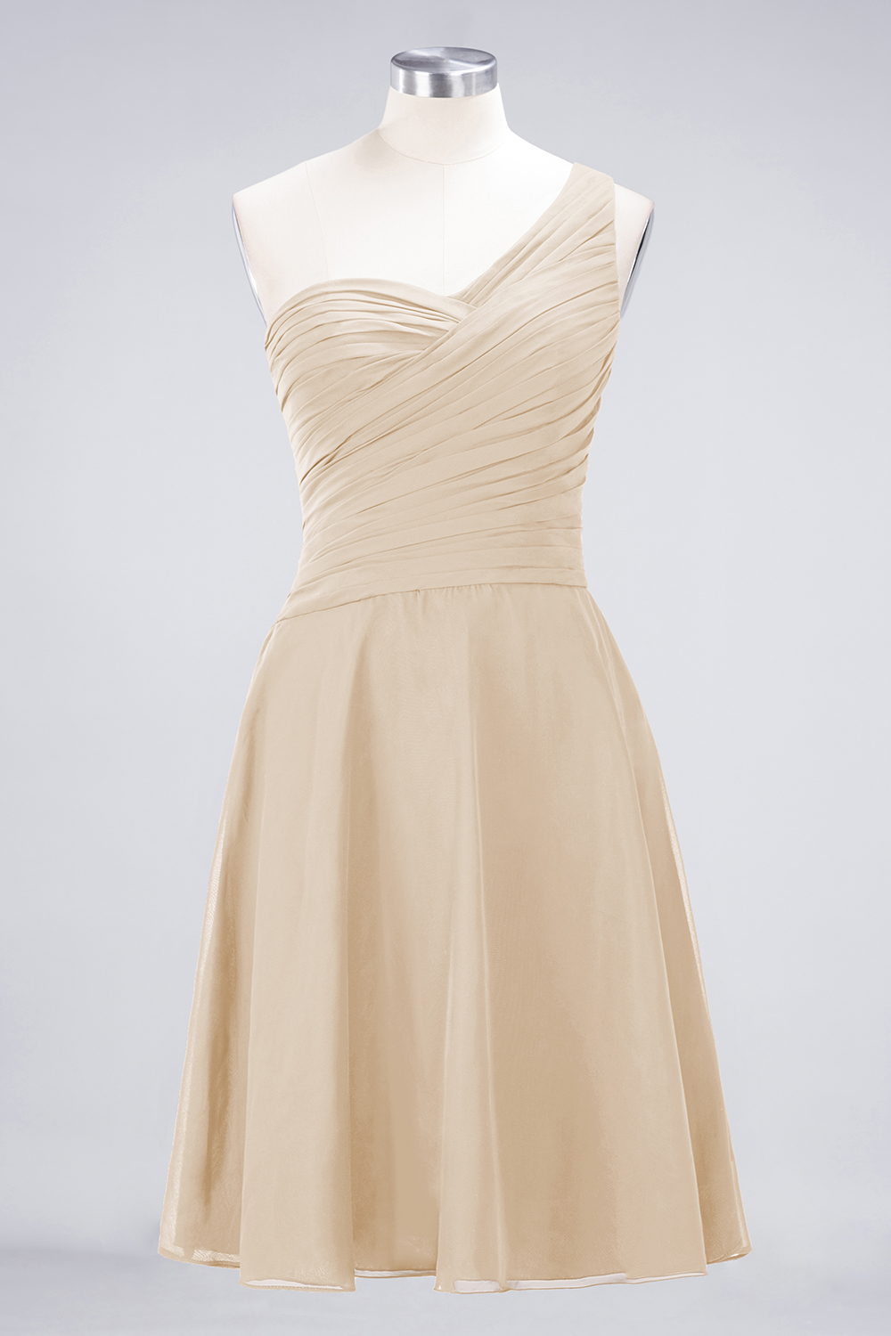A-line One Shoulder Sweetheart Neck Sleeveless Knee-length 100D Chiffon Bridesmaid Attire With Ruffles 29