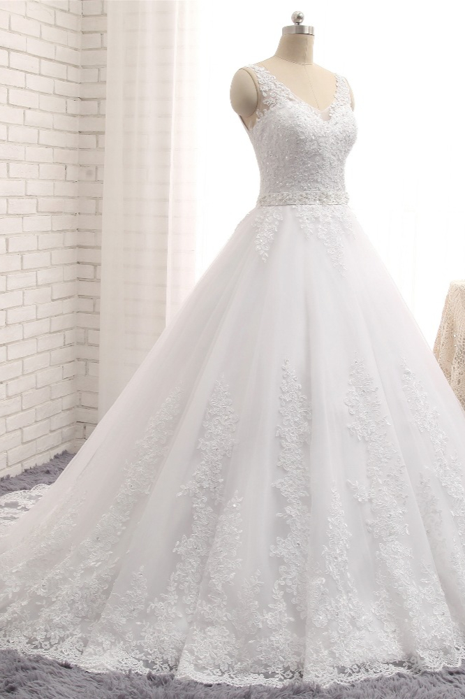 A-line Straps V-neck Sleeveless Court Train Tulle Wedding Dress With Appliques 3
