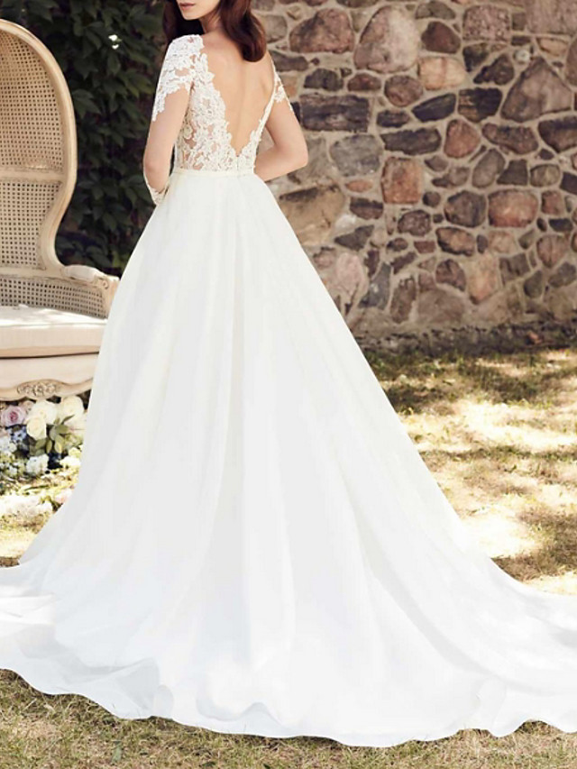 A-line V-neck Long Sleeves Court Train Lace Bridal Gown With Lace 3