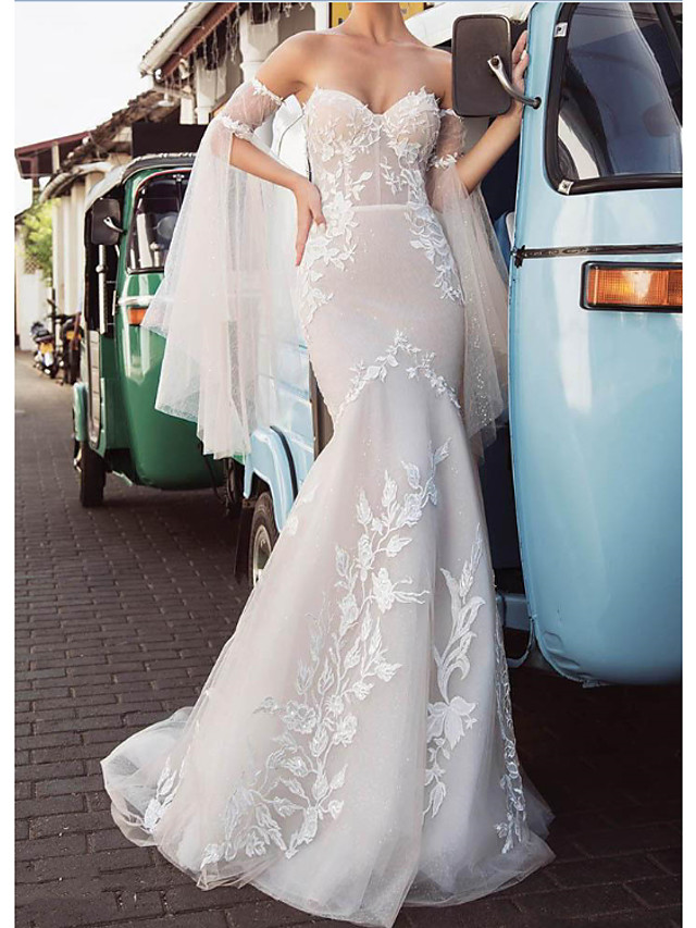 Mermaid Strapless Long Sleeves Sweep / Brush Train Tulle Wedding Dress With Lace 1