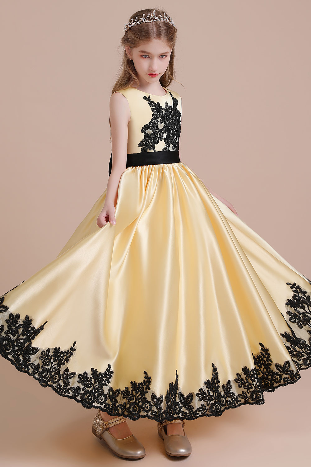 A-line Jewel Neck Sleeveless Ankle-length Satin Flower Girl Dress With Appliques 5