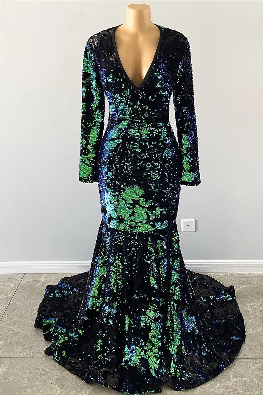 Mermaid V-neck Long Sleeves Floor-length Evening Gown With Pattern 2