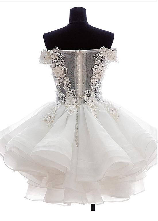 A-line Off-the-shoulder Sleeveless Mini Organza Wedding Dress With Appliques 2