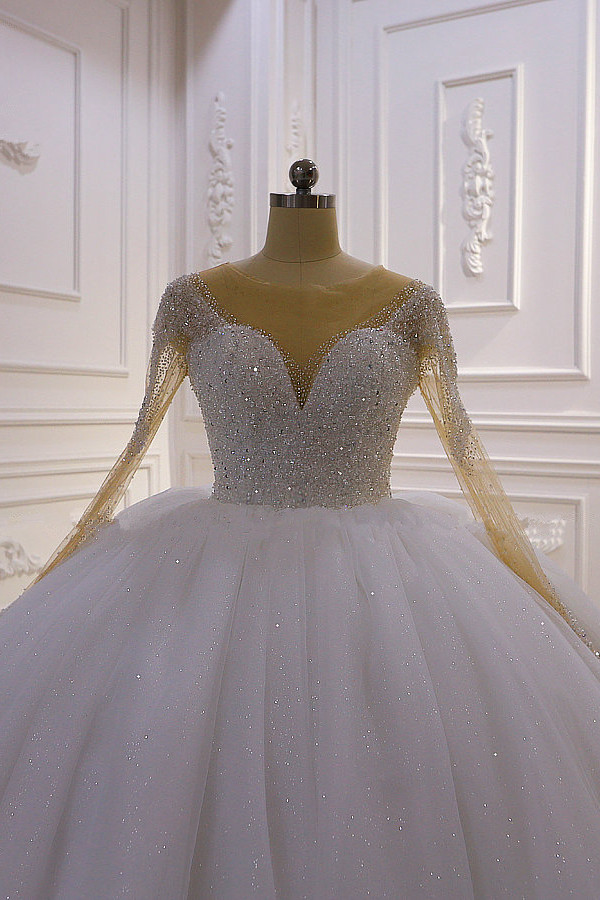 Ball Gown Jewel Neck Long Sleeves Floor-length Tulle Bridal Dress With Beading 2