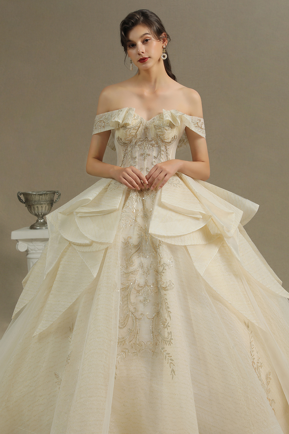 A-line Strapless Cap Sleeves Cathedral Train Tulle Bridal Gown With Beading 3