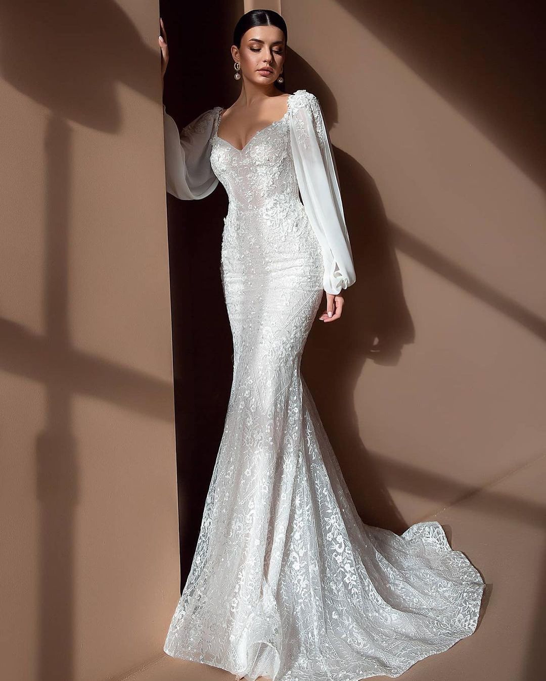 Mermaid Sweetheart Neck Long Sleeves Sweep / Brush Train Lace Wedding Gown With Lace 2