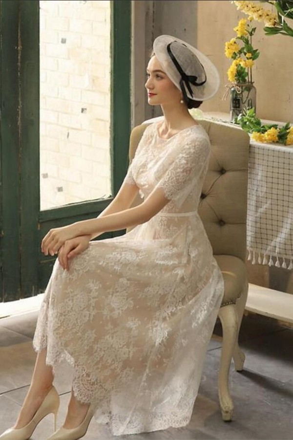 Column Jewel Neck Half-Sleeves Tea-length Lace Bridal Gown With Lace 3