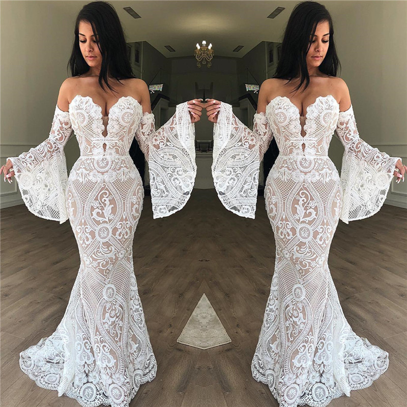 Mermaid Off-the-shoulder Sweep / Brush Train Evening Dress With Lace 2
