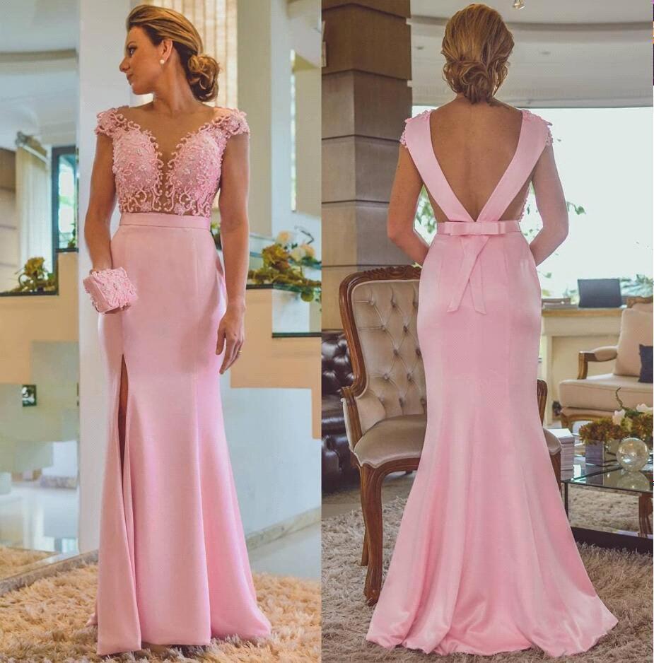 Pink Column Lace Evening Dresses | Cap Sleeves Open Back Side Slit Formal Dress -  and 2