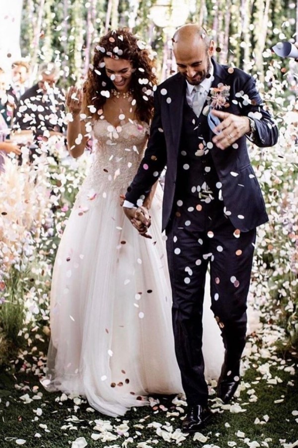 A-line Off-the-shoulder Sleeveless Floor-length Tulle Bridal Gown With Chapel Train 5