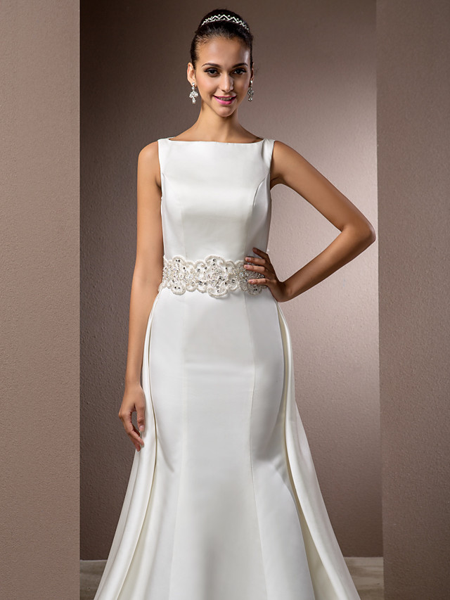 Mermaid Straps Bateau Neck Cathedral Train Tulle Wedding Gown With Beading 5