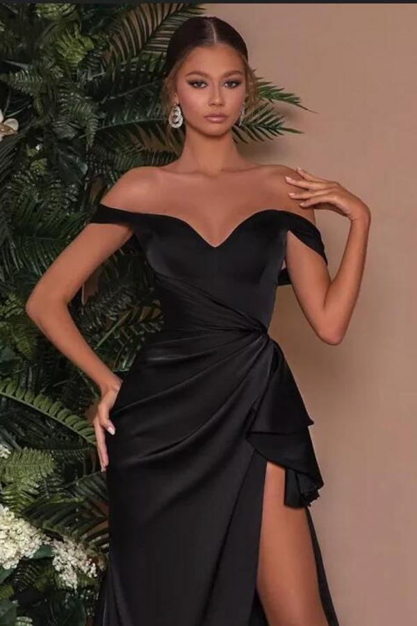 Mermaid Off-the-shoulder Sleeveless Floor-length Stretch Satin Evening Gown With Ruffles 2