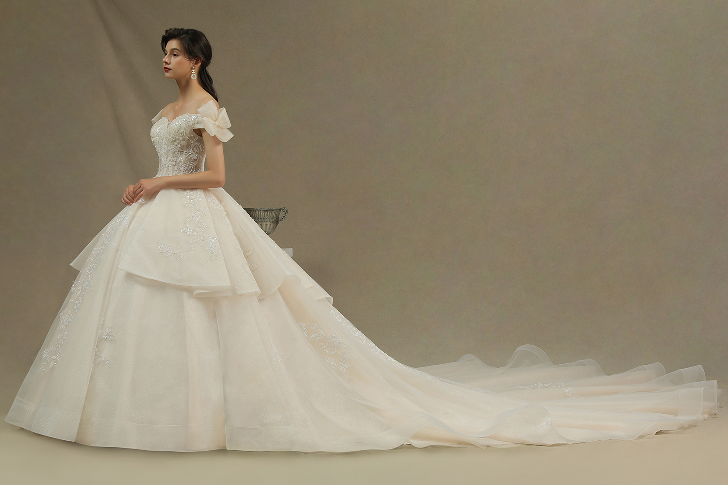 A-line Strapless Cap Sleeves Cathedral Train Tulle Wedding Gown With Lace 4