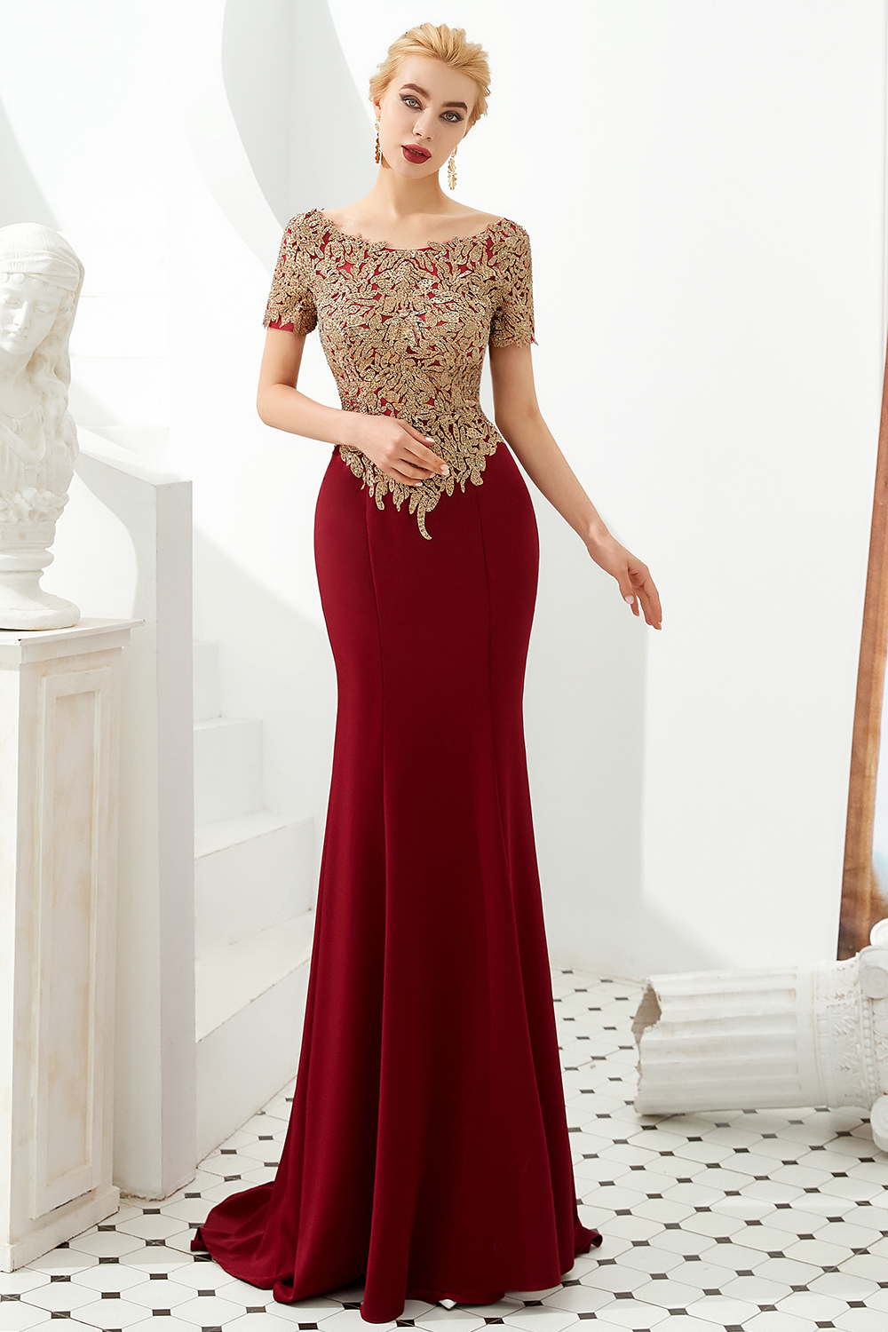 Mermaid Jewel Neck Short Sleeves Chapel Train Four-sided bomb Evening Gown With Lace 8