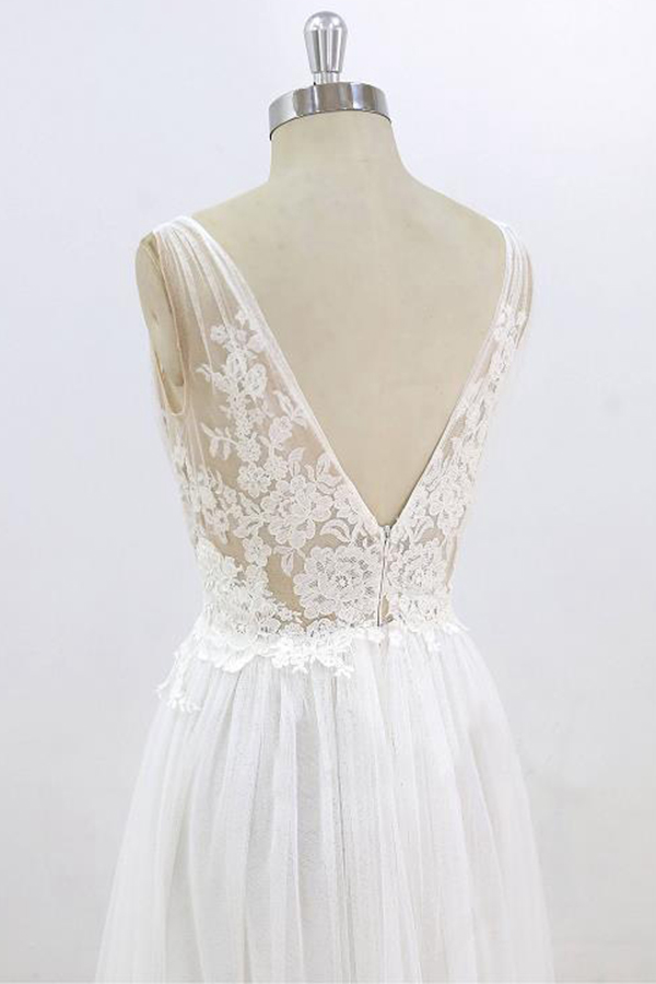 A-line V-neck Sleeveless Sweep / Brush Train Tulle Wedding Gown With Lace 6