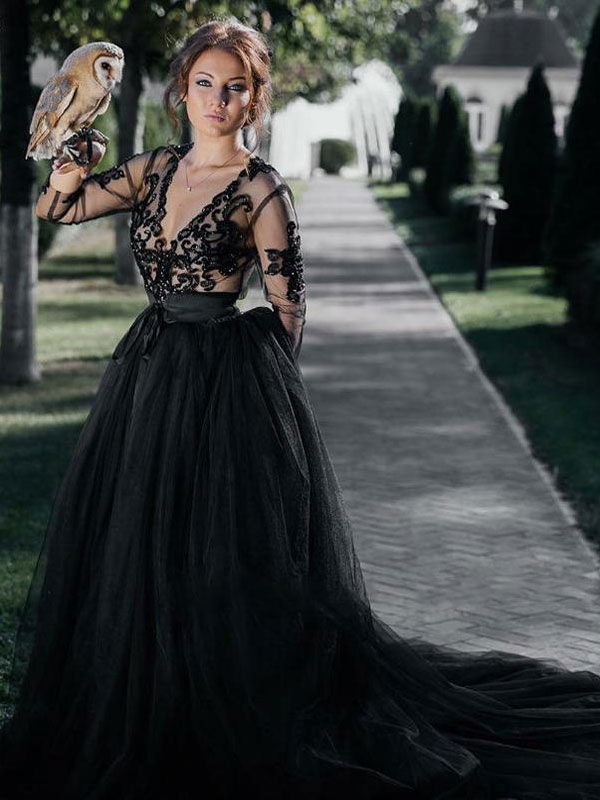 A-line V-neck Long Sleeves Cathedral Train Lace Bridal Attire With Lace 4