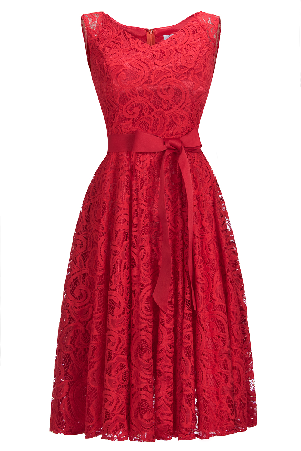 A-line Jewel Neck Sleeveless Knee-length Lace Bridesmaid Outfit With Ribbons 4