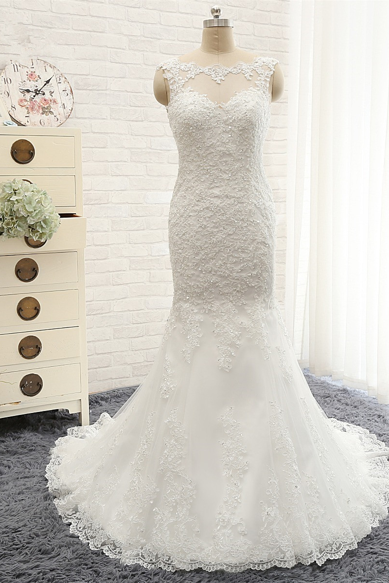 Mermaid Straps Jewel Neck Sleeveless Court Train Stretch Satin Bridal Gown With Appliques 1