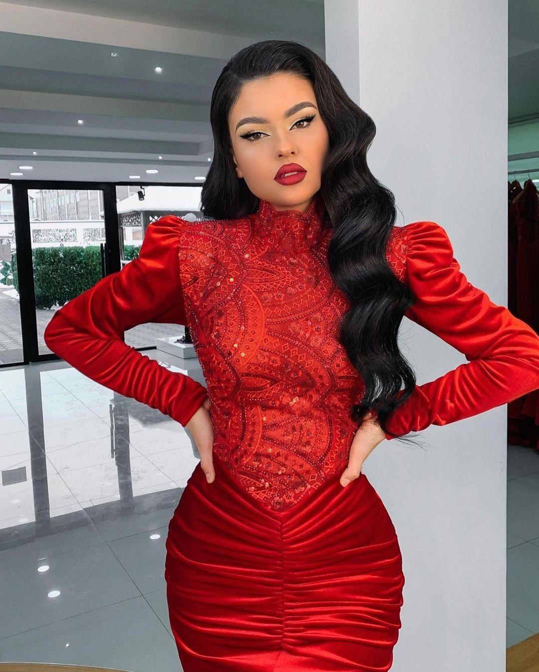 Mermaid High Neck Long Sleeves Floor-length Velvet Prom Dress With Beading 2