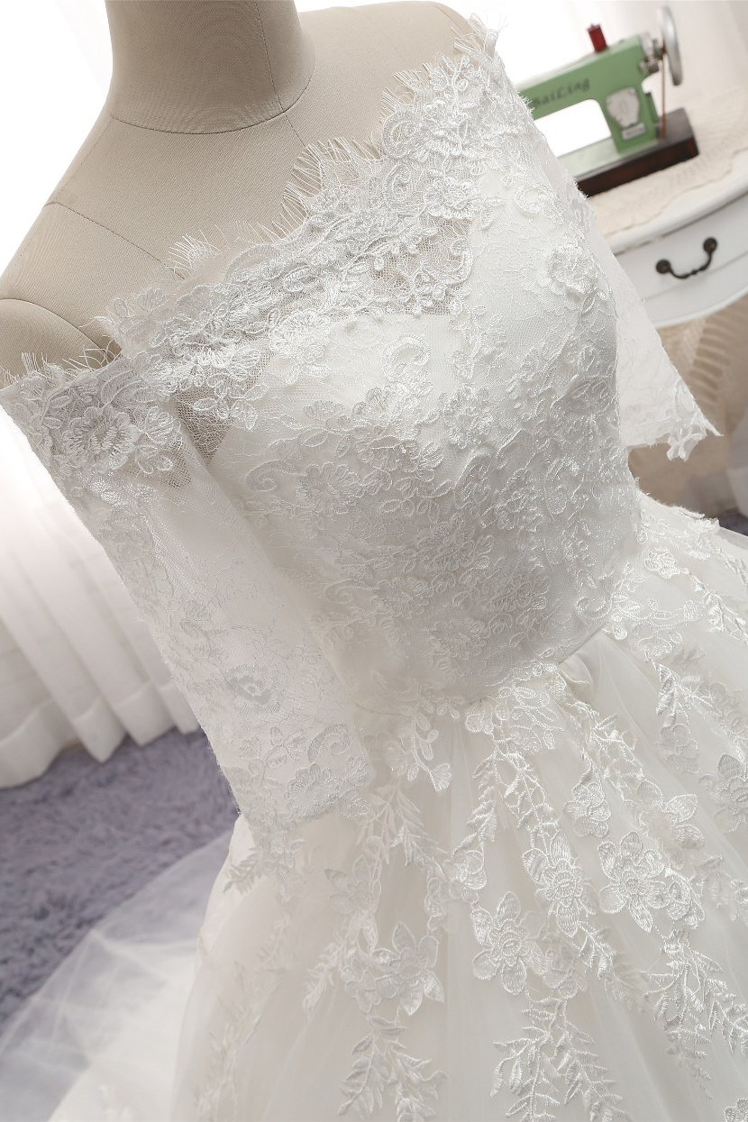 A-line Bateau Neck Half-Sleeves Floor-length Tulle Bridal Dress With Appliques 4