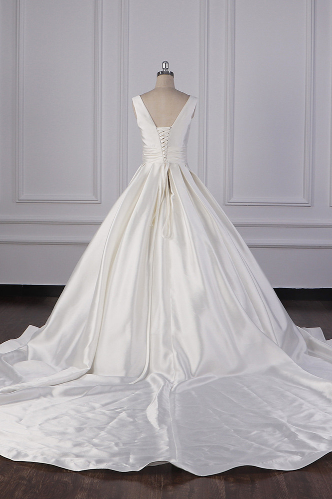 Ball Gown V-neck Jewel Neck Sleeveless Floor-length Satin Bridal Attire With Ruffles 2