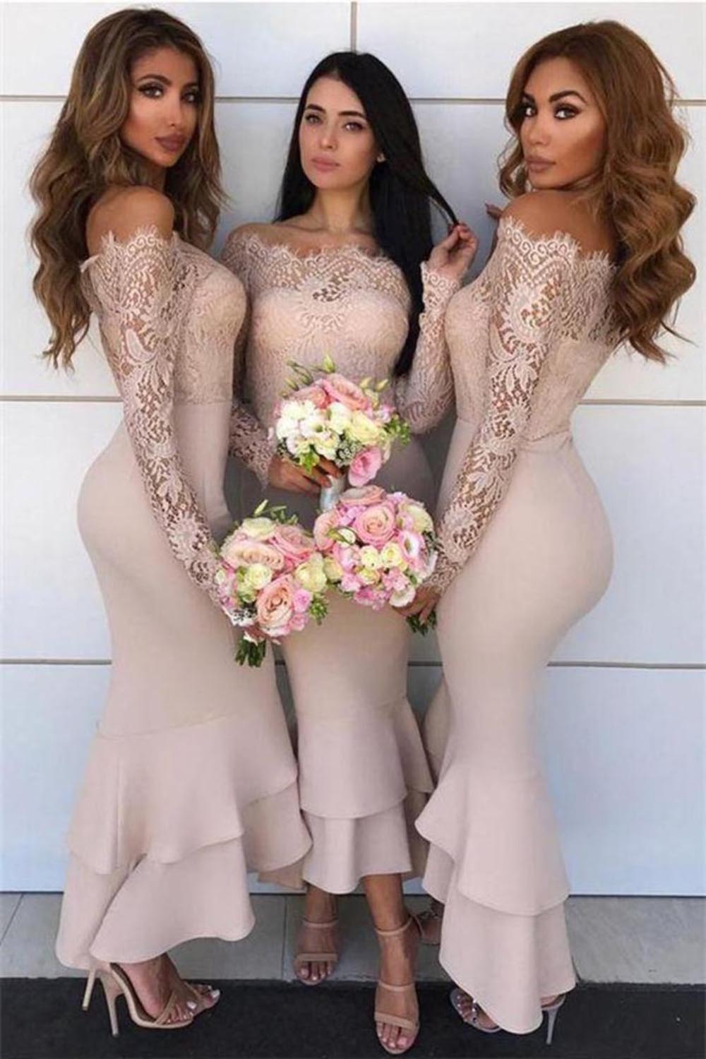 Mermaid Bateau Neck Long Sleeves Knee-length Bridesmaid Outfit With Lace 2