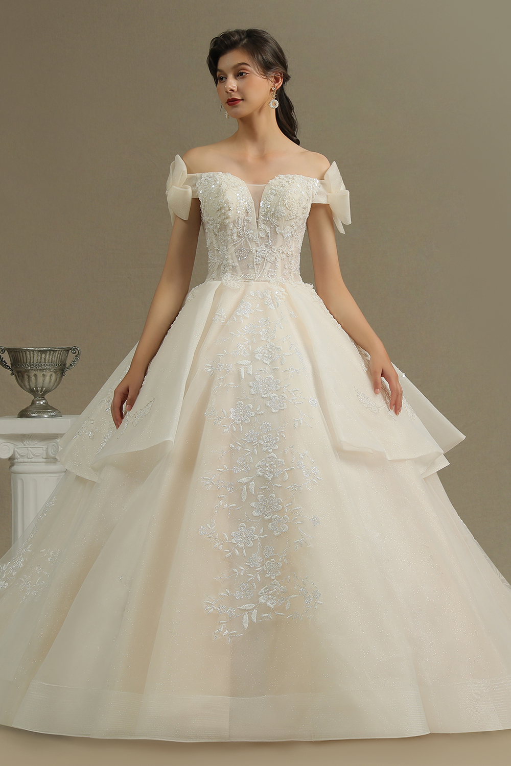 A-line Strapless Cap Sleeves Cathedral Train Tulle Wedding Gown With Lace 2