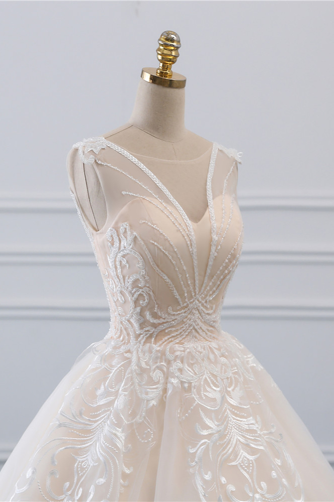 Ball Gown Jewel Neck Sleeveless Floor-length Tulle Bridal Dress With Lace 5