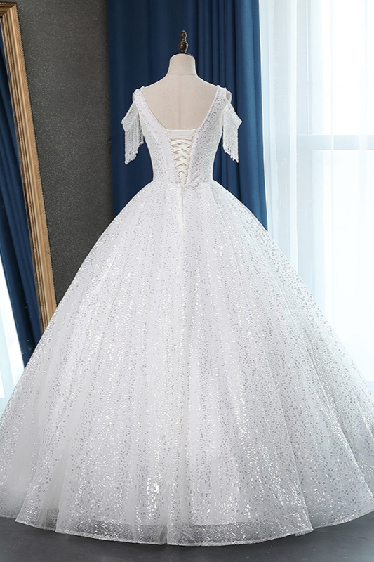 Ball Gown V-neck Short Sleeves Floor-length Tulle Bridal Dress With Sequins 2