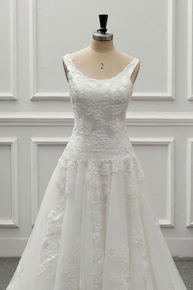 A-line Straps Jewel Neck Sleeveless Floor-length Tulle Wedding Gown With Chapel Train 5