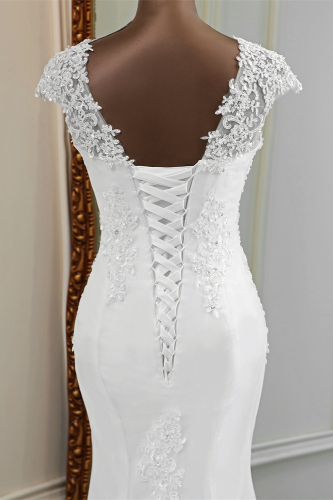 Mermaid V-neck Sleeveless Floor-length Tulle Wedding Dress With Lace 8